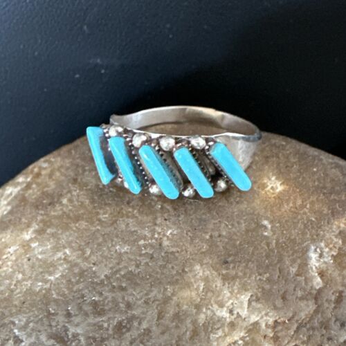 Zuni Blue Turquoise Needle Point Ring | Authentic Native American Sterling Silver | Multi-Stone | Sz 7.5 | 15399