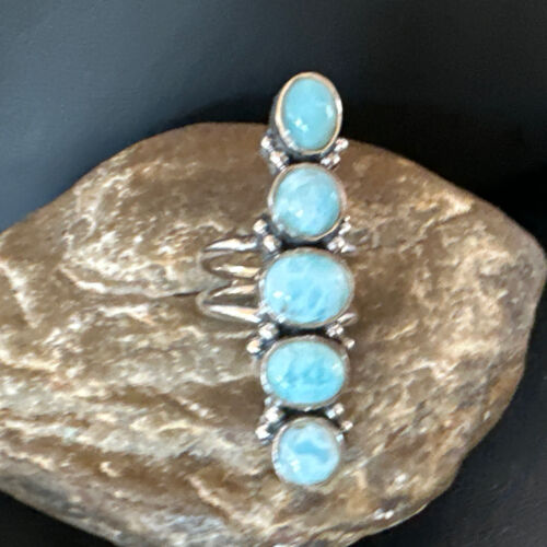 Navajo Blue Larimar Cluster Ring | Authentic Native American Sterling Silver | Multi-Stone | Sz 8 | 15932