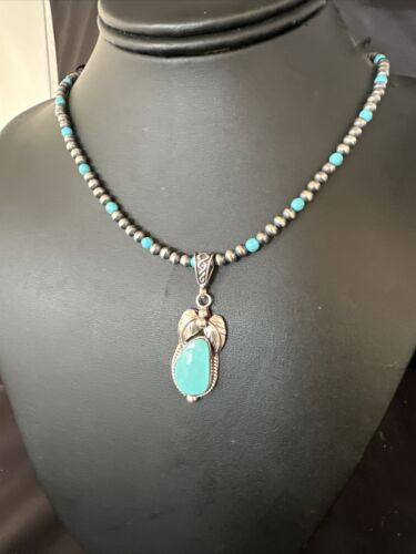 Navajo Pearls Kingman Turquoise Pendant Necklace | Sterling Silver | Authentic Native American Handmade | 14894