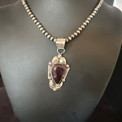 Navajo Purple Sugilite Pendant with Pearls | Sterling Silver Bead Necklace | Authentic Native American Handmade | 15413