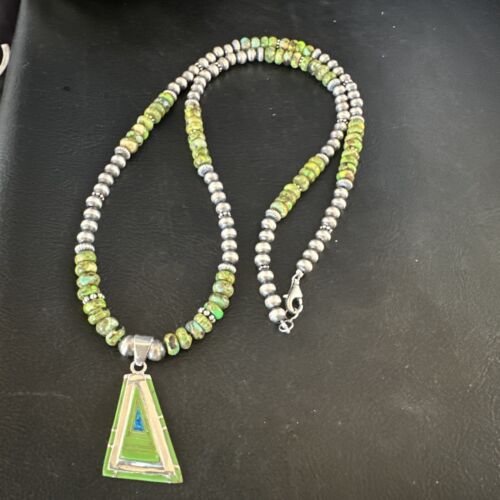 Navajo Green Gaspeite Turquoise Pendant Necklace | Sterling Silver | Native American Handmade | 15426
