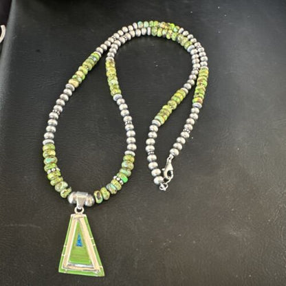 Navajo Green Gaspeite Turquoise Pendant Necklace | Sterling Silver | Native American Handmade | 15426
