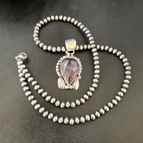 Navajo Pearls Purple Sugilite Pendant Necklace | Sterling Silver Beads | Authentic Native American Handmade | 16462