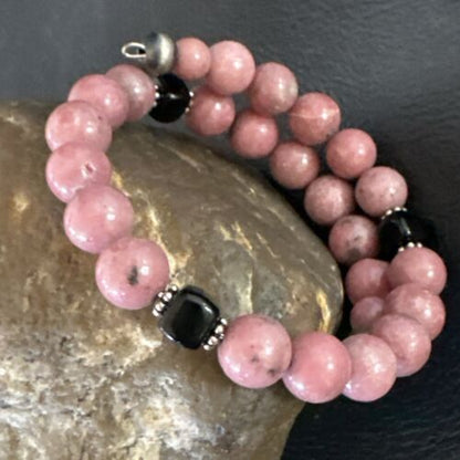 Navajo Pink Rhodochrosite Memory Wire Bracelet | Stainless Steel | Authentic Native American Handmade | 17623