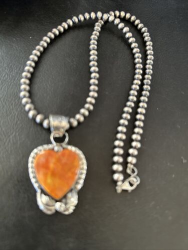 Navajo Orange Spiny Oyster Heart Pendant Necklace | Sterling Silver | Authentic Native American Handmade | 16414