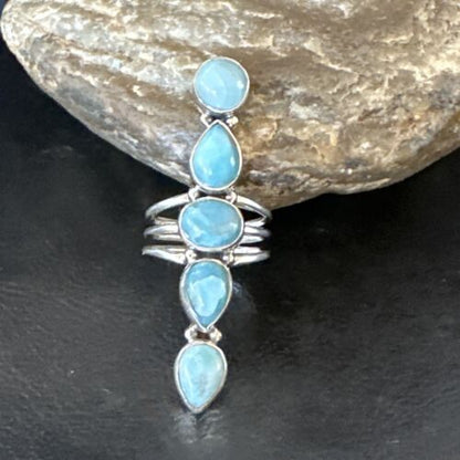 Navajo Blue Larimar Cluster Ring | Authentic Native American Sterling Silver | Multi-Stone | Sz 7.5 | 16152