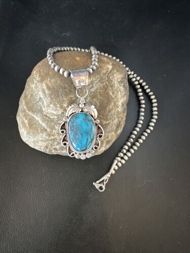 Navajo Pearls Blue Turquoise Necklace Pendant | Sterling Silver | Authentic Native American Handmade | 14882