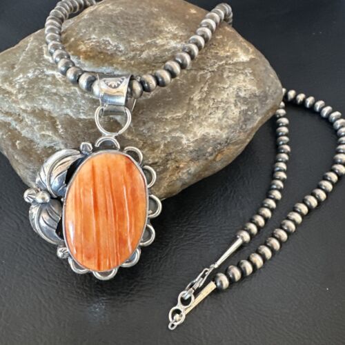 Navajo Orange Spiny Oyster Pendant Necklace | Sterling Silver | Authentic Native American Handmade | 15628