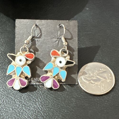 Zuni Peyote Bird Earrings | Coral Turquoise Onyx Inlay | Sterling Silver | 17137