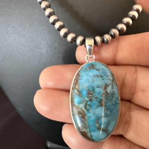 Men's Navajo Blue Spiderweb Turquoise Pendant Necklace | Sterling Silver | Authentic Native American Handmade | 16299