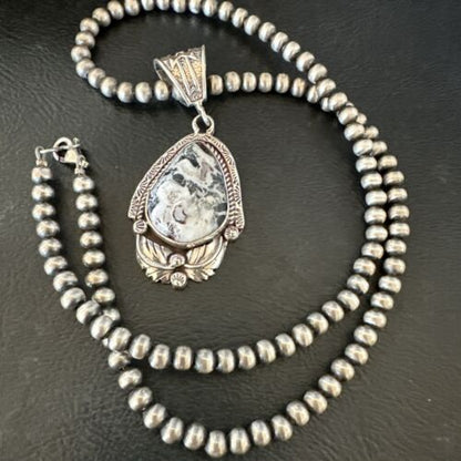 Navajo White Buffalo Turquoise Pendant Necklace | Sterling Silver | Authentic Native American Handmade | 17522