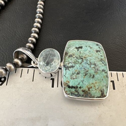 Navajo Dry Creek Turquoise Topaz Pendant Necklace | Sterling Silver | Authentic Native American Handmade | 16446