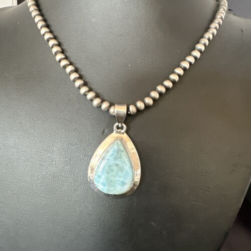 Navajo Blue Larimar Pendant Necklace | Sterling Silver Beads | Authentic Native American Handmade | 17562