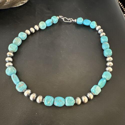 Navajo Blue Turquoise Nugget Necklace | Sterling Silver Pearls | Authentic Native American Handmade | 16" | 16655