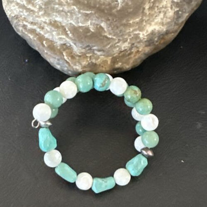 Turquoise Memory Wire Bracelet | Stainless Steel | Mother of Pearl Beads | 7" | 17629
