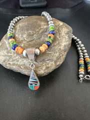 Navajo Spiny Oyster Turquoise Lapis Inlay Pendant Necklace | Sterling Silver | 21" | Authentic Native American Handmade | 16631