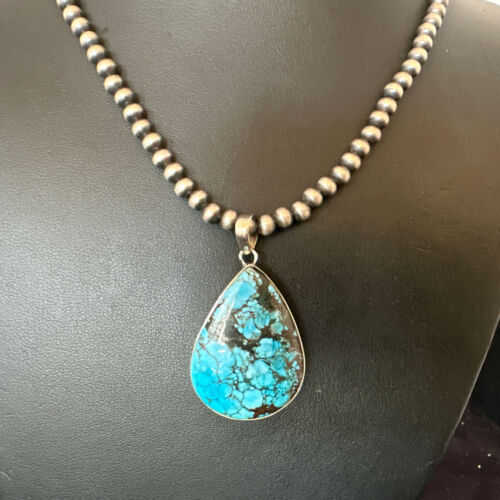 Men's Navajo Blue Spiderweb Turquoise Pendant Necklace | Sterling Silver | Authentic Native American Handmade | 16302