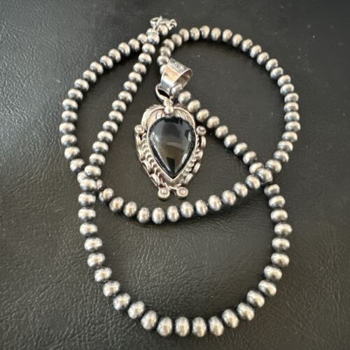Navajo Pearls Black Onyx Necklace Pendant | Sterling Silver | Authentic Native American Handmade | 16528