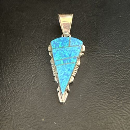 Arrowhead Blue Opal Inlay Pendant | Navajo Sterling Silver | Authentic Native American Jewelry | 15674