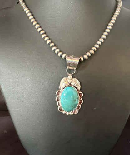 Navajo Pearls Blue Turquoise Necklace Pendant | Sterling Silver | Authentic Native American Handmade | 14881