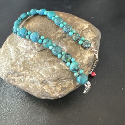 Navajo Blue Turquoise Bead Bracelet | Sterling Silver Link | 8" | Authentic Native American Handmade | 17230