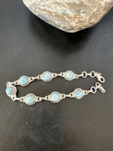 Navajo Blue Larimar Link Bracelet | Sterling Silver | 8" | Authentic Native American Handmade | 16078