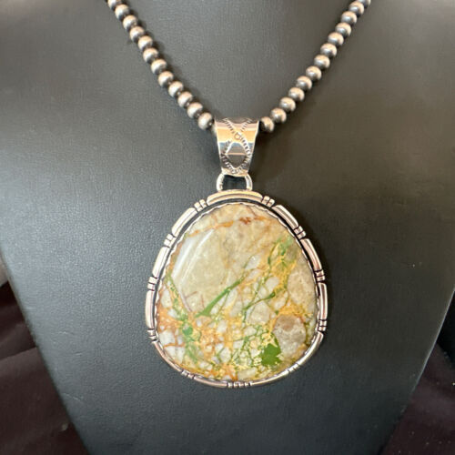 Navajo Sterling Silver Green Boulder Turquoise Necklace Pendant for Men | XL | Authentic Native American | 16365