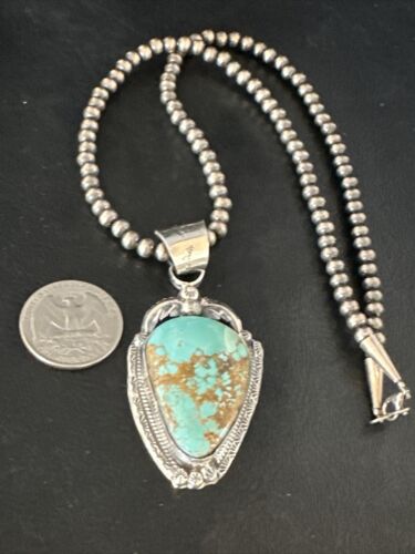 Navajo Pearls Sterling Silver Necklace with Blue Turquoise #8 Pendant | Authentic Native American Handmade | 14857