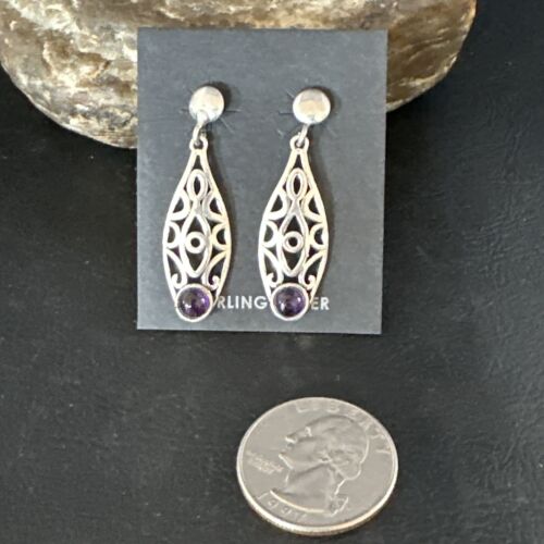 Navajo Purple Amethyst Earrings | Sterling Silver | 1" | Authentic Native American Handmade | 15354