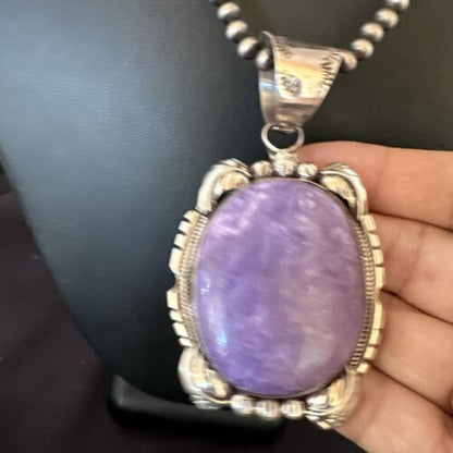 Navajo Purple Charoite Pendant with Pearls | Sterling Silver Necklace | Authentic Native American Handmade | 16653