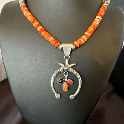 Navajo Red Spiny Oyster Naja Pendant Necklace | Sterling Silver | 23" | Authentic Native American Handmade | 17660