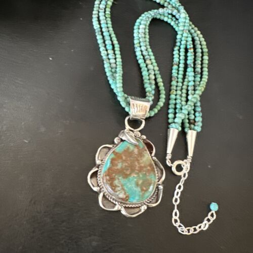 Navajo Blue Turquoise Pendant | Sterling Silver 3-Strand Bead Necklace | 17" | Authentic Native American Handmade | 15995