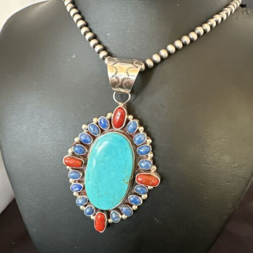 Navajo Blue Kingman Turquoise Coral Lapis Pendant Necklace | Sterling Silver | 17150