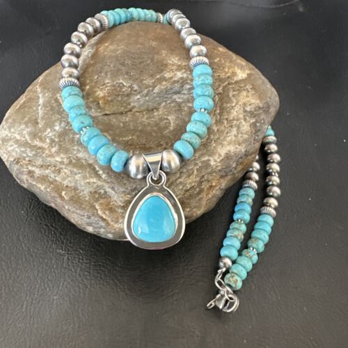 Men's Blue Turquoise Pendant Necklace | Navajo Pearls | Sterling Silver | Authentic Native American Handmade | 16644