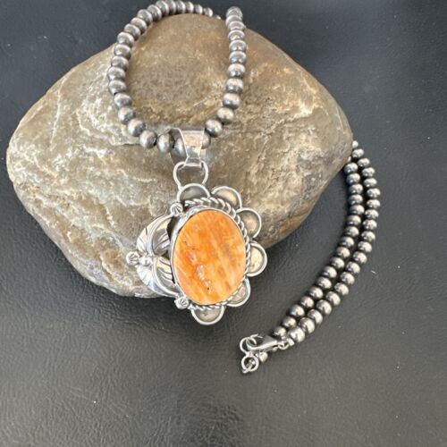 Navajo Orange Spiny Oyster Pendant Necklace | Sterling Silver Pearls | Authentic Native American Handmade | 16554