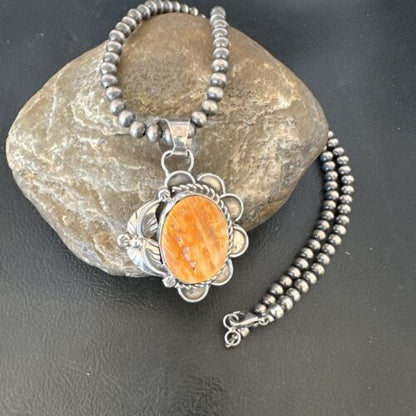 Navajo Orange Spiny Oyster Pendant Necklace | Sterling Silver Pearls | Authentic Native American Handmade | 16554