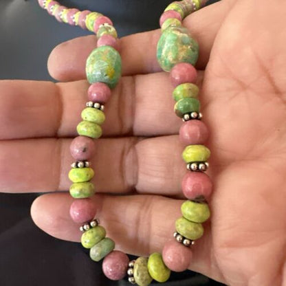 Navajo Green Turquoise Rhodochrosite Necklace | Sterling Silver | Authentic Native American Handmade | 20" | 17492