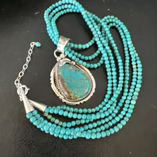 Navajo Blue Turquoise Pendant | Sterling Silver 3-Strand Bead Necklace | 17" | Authentic Native American Handmade | 15997