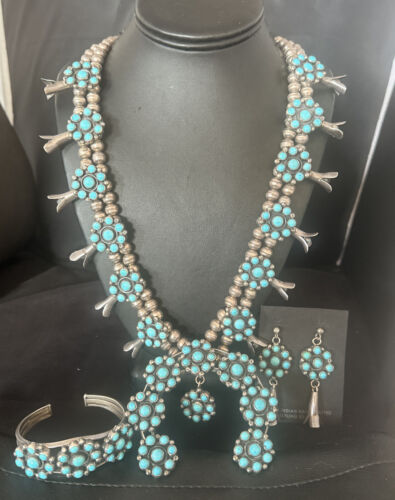 Ultra Rare Old Pawn Kingman Turquoise Squash Blossom Set | Necklace, Bracelet, Pendant, Earrings | Navajo | 15921