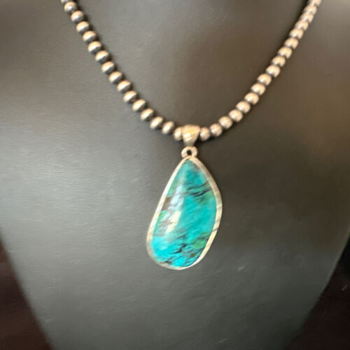 Men's Navajo Blue Spiderweb Turquoise Pendant Necklace | Sterling Silver | Authentic Native American Handmade | 16219