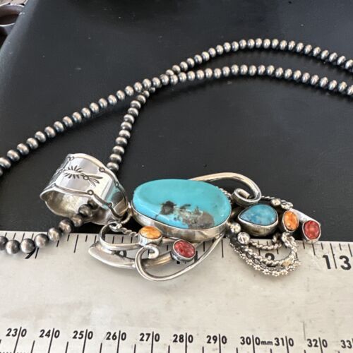 Navajo Kingman Turquoise | Spiny Oyster Necklace Pendant | Sterling Silver | Multi-Stone | 15950