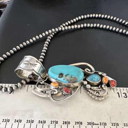 Navajo Kingman Turquoise | Spiny Oyster Necklace Pendant | Sterling Silver | Multi-Stone | 15950