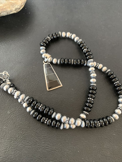 Navajo Black Onyx Bead Inlay Pendant Necklace | Sterling Silver | Native American Handmade | 01939