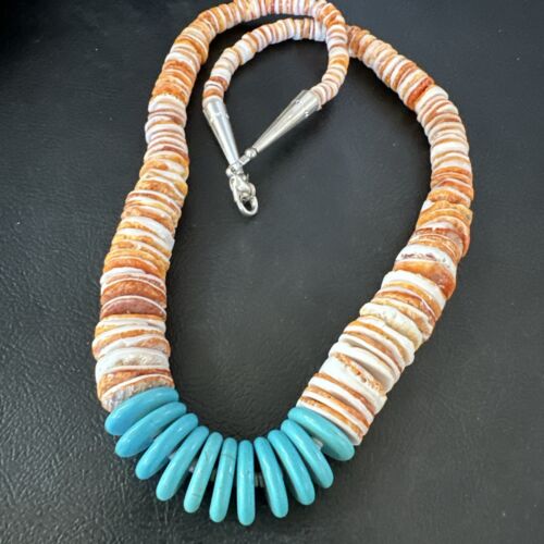 Navajo Sterling Silver Blue Turquoise & Spiny Oyster Graduated Necklace | Authentic Native American | 20" | 16903