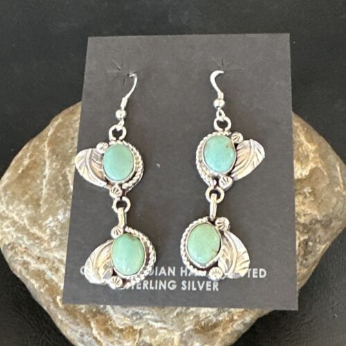 Navajo Blue Turquoise Dangle Earrings | Sterling Silver | 1.5" | Authentic Native American Handmade | 17384