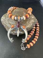 Navajo Orange Purple Spiny Oyster Naja Pendant Necklace | Sterling Silver | Authentic Native American Handmade | 15536