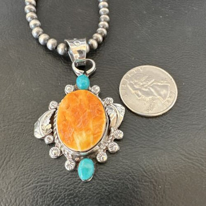 Navajo Orange Spiny Oyster Blue Turquoise Pendant Necklace | Sterling Silver | 20" | 16459