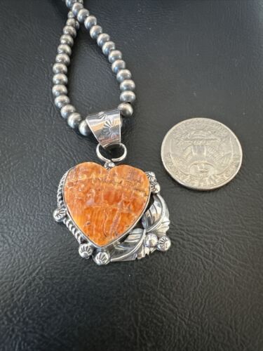 Navajo Orange Spiny Oyster Heart Pendant Necklace | Sterling Silver | Authentic Native American Handmade | 16422