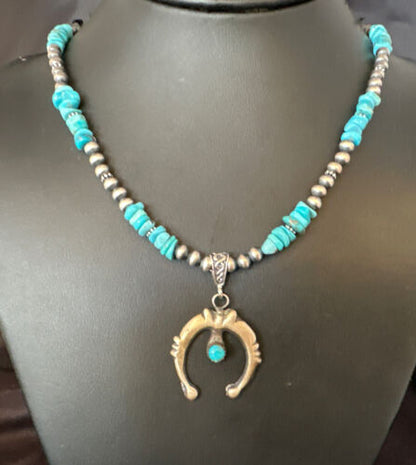 Navajo Kingman Turquoise Naja Pendant Necklace | Sterling Silver | Native American Handmade | 14834