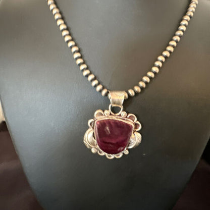 Navajo Men's Purple Spiny Oyster Pendant Necklace | Sterling Silver | Authentic Native American Handmade | 15625